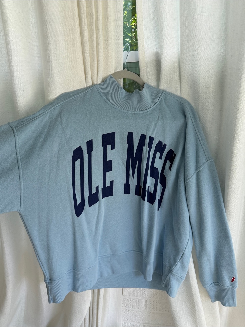 League Light Blue Crewneck Sweatshirt with Navy Ole Miss Logo